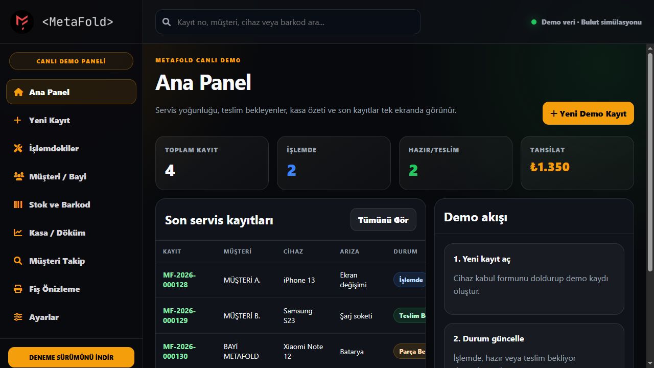 MetaFold Teknik Servis ERP web arayüzü