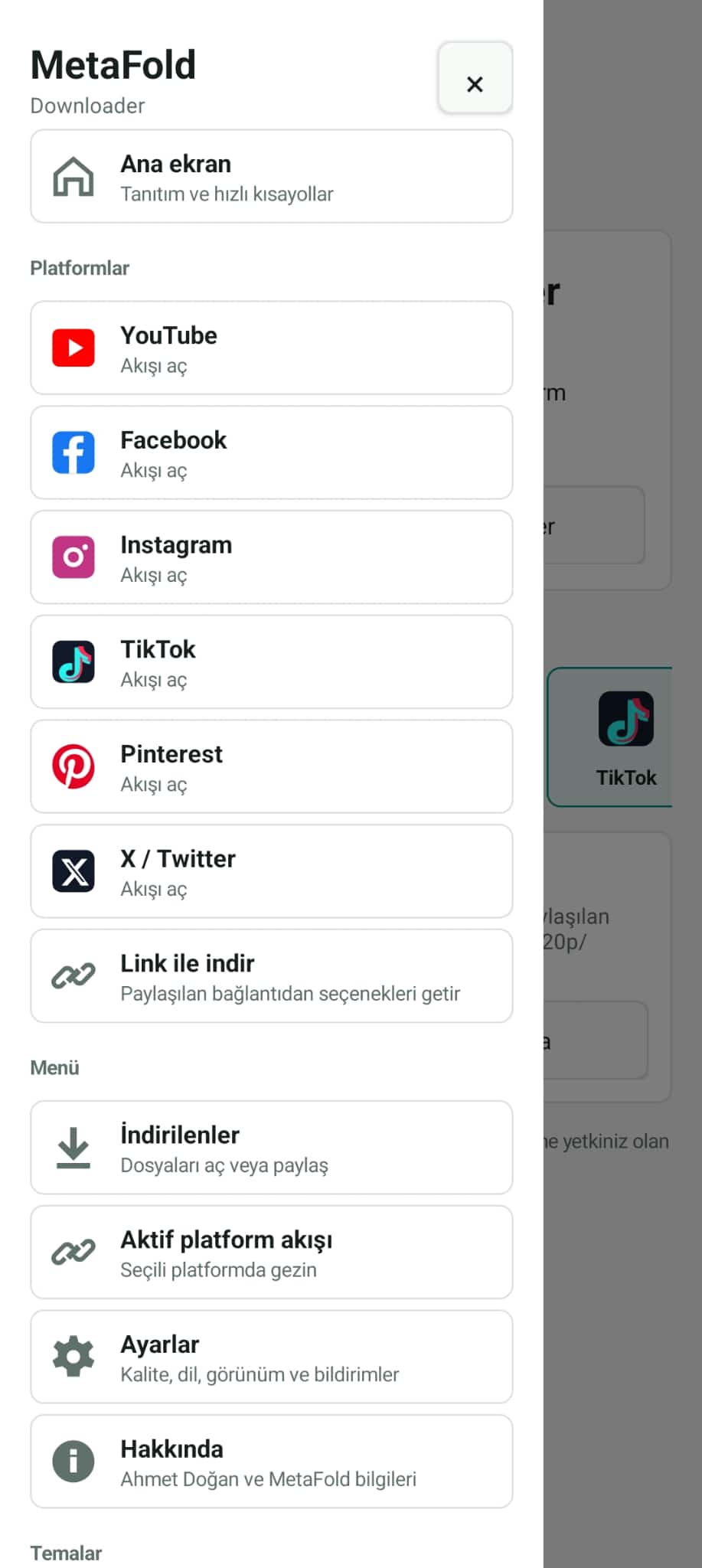MetaFold Downloader platform menüsü